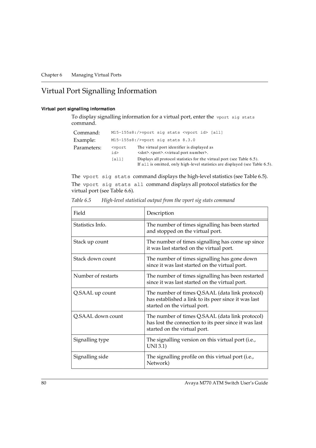 Avaya M770 manual Virtual Port Signalling Information, Virtual port signalling information 