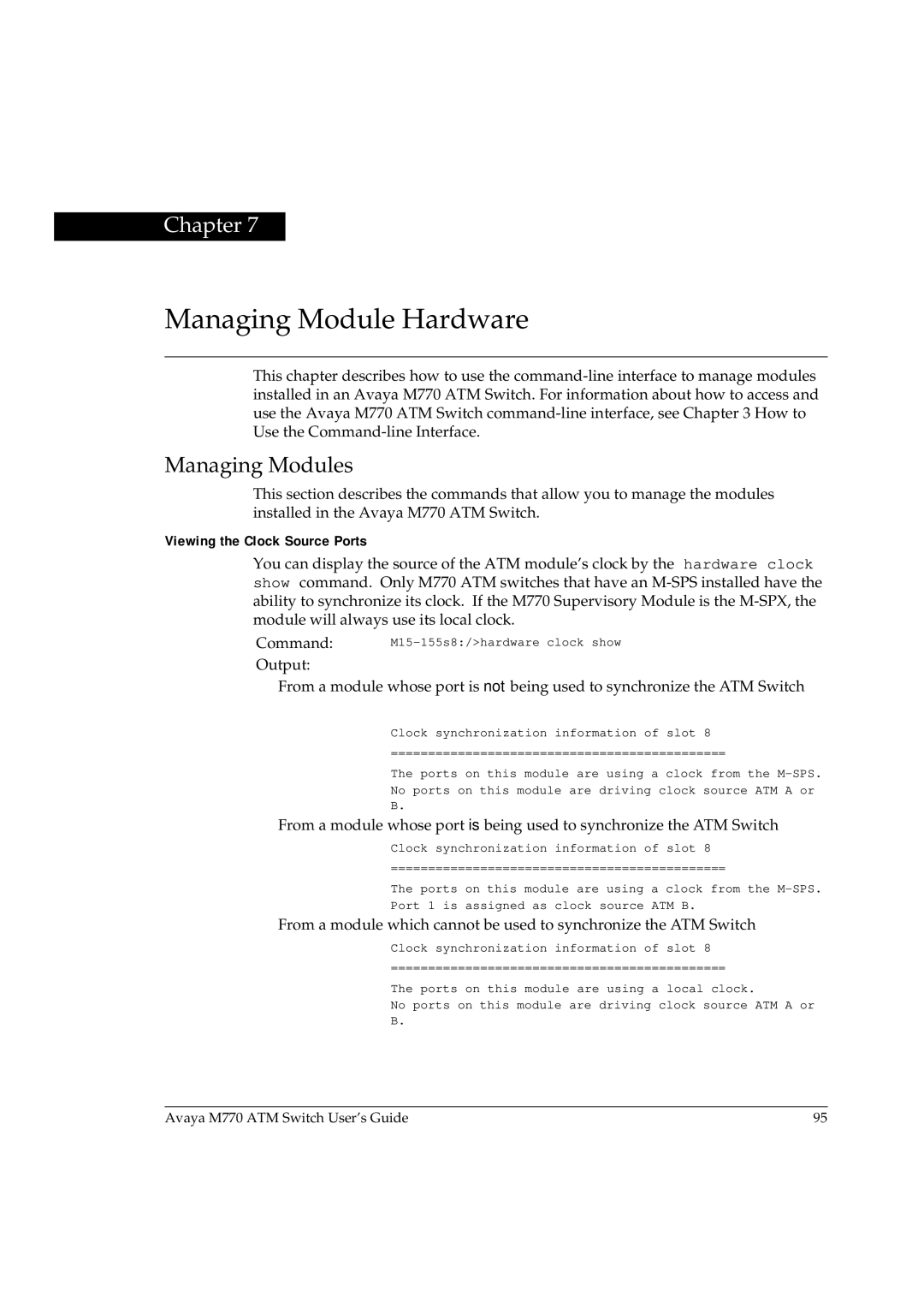 Avaya M770 manual Managing Module Hardware, Managing Modules, Viewing the Clock Source Ports 