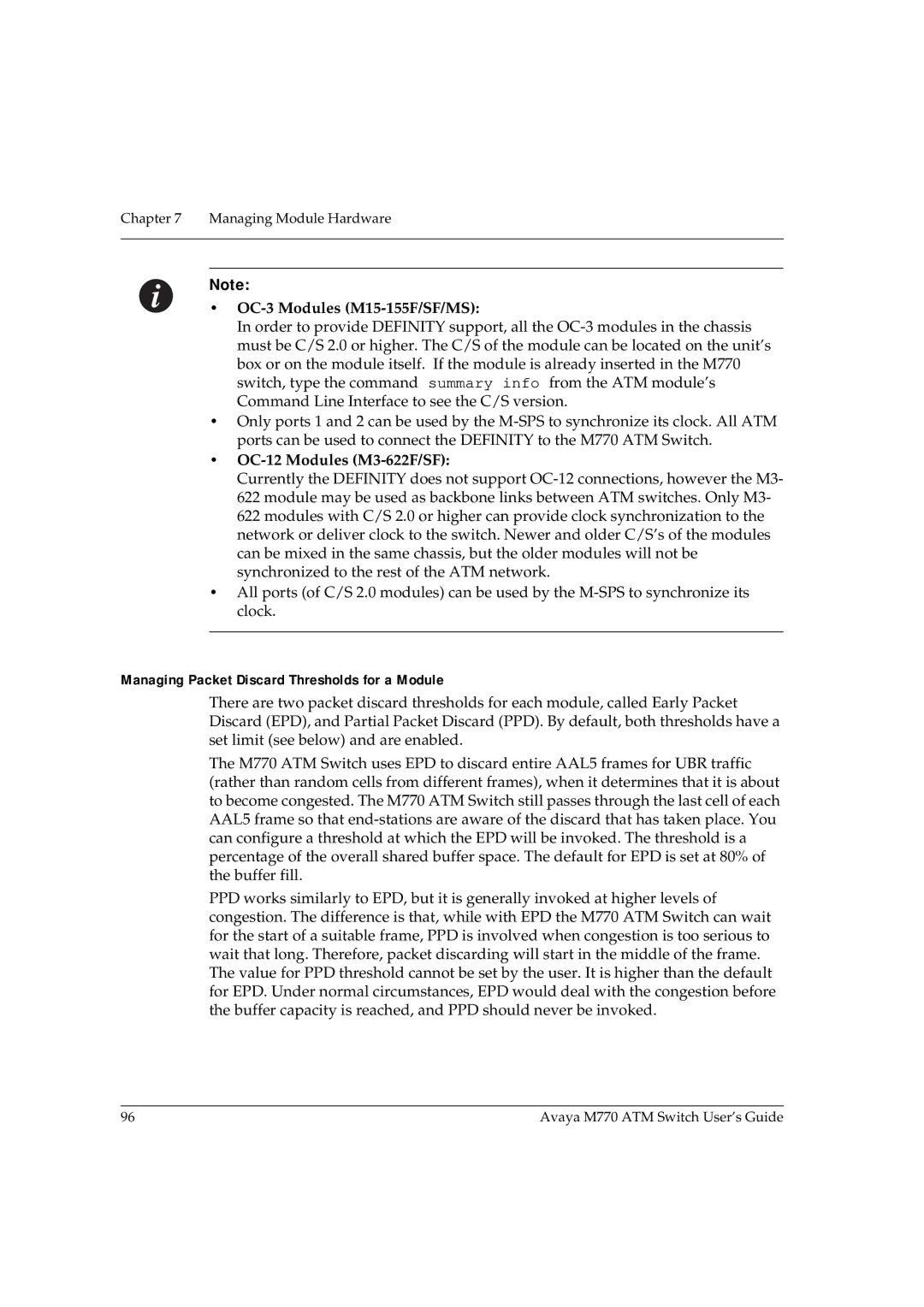 Avaya M770 manual OC-3 Modules M15-155F/SF/MS, Managing Packet Discard Thresholds for a Module 