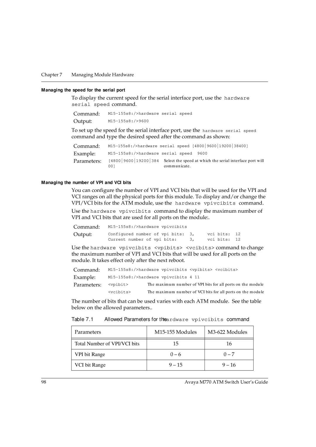 Avaya M770 manual Managing the speed for the serial port, Managing the number of VPI and VCI bits, Parameters vpibit 