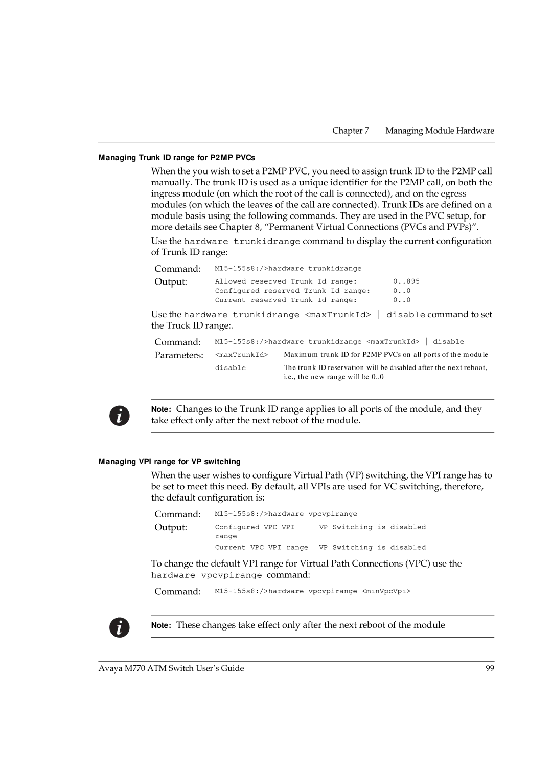 Avaya M770 manual Managing Trunk ID range for P2MP PVCs, Parameters maxTrunkId, Managing VPI range for VP switching 