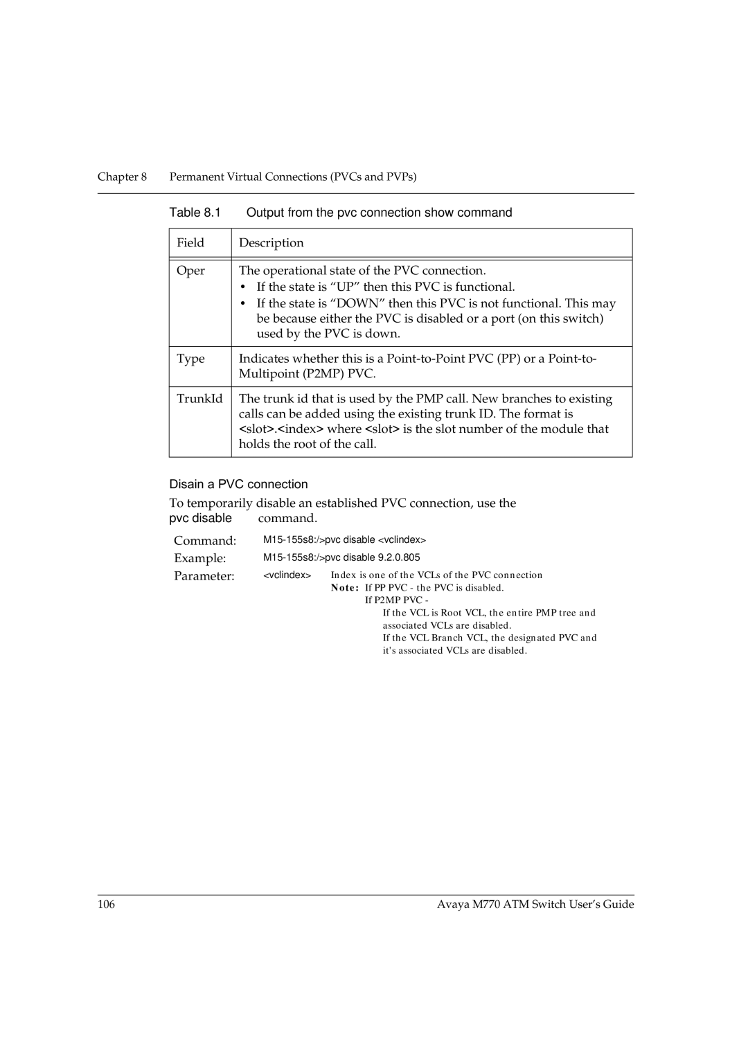 Avaya M770 manual Disabling a PVC connection, Example 