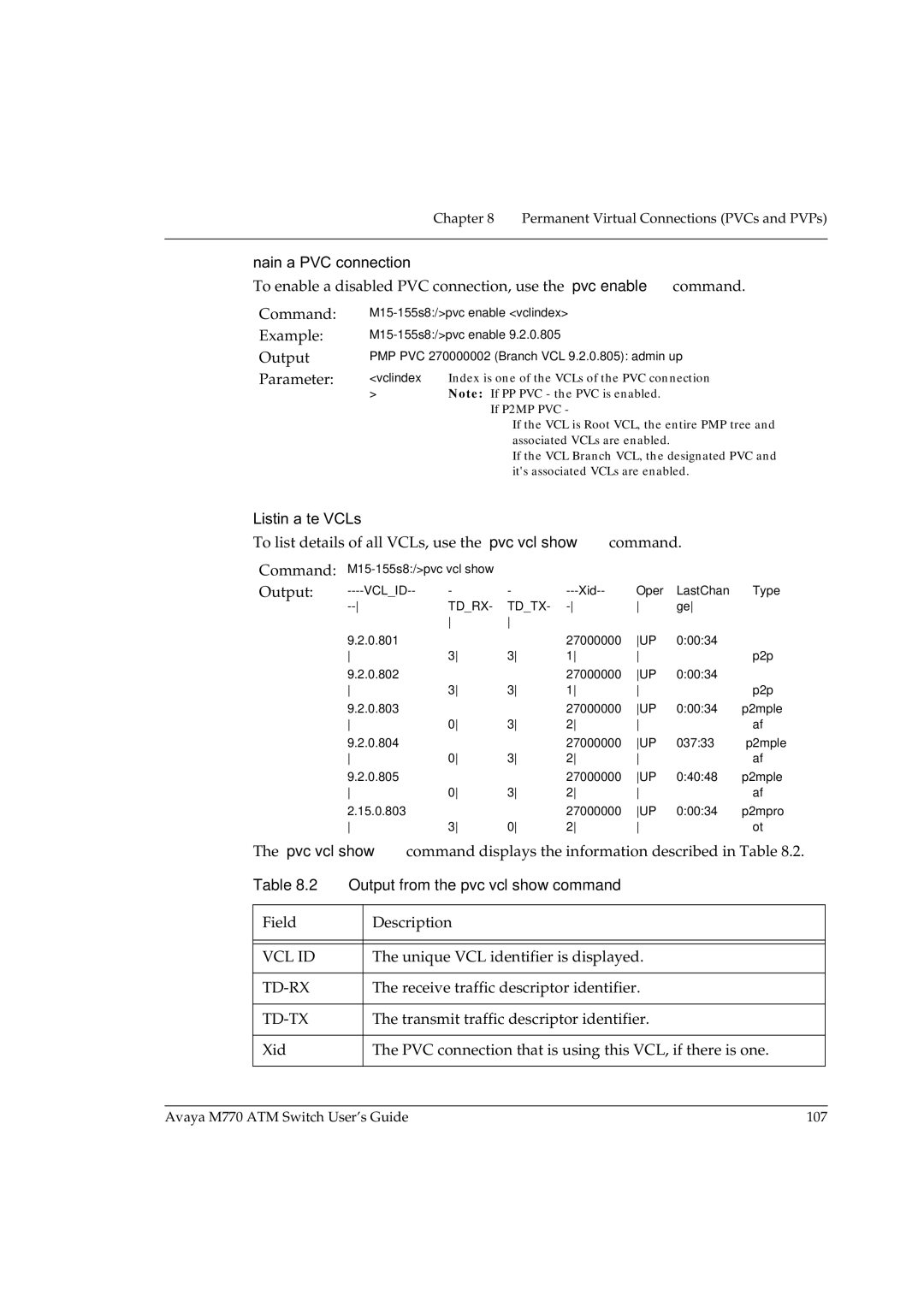 Avaya M770 manual Enabling a PVC connection, Listing all the VCLs 