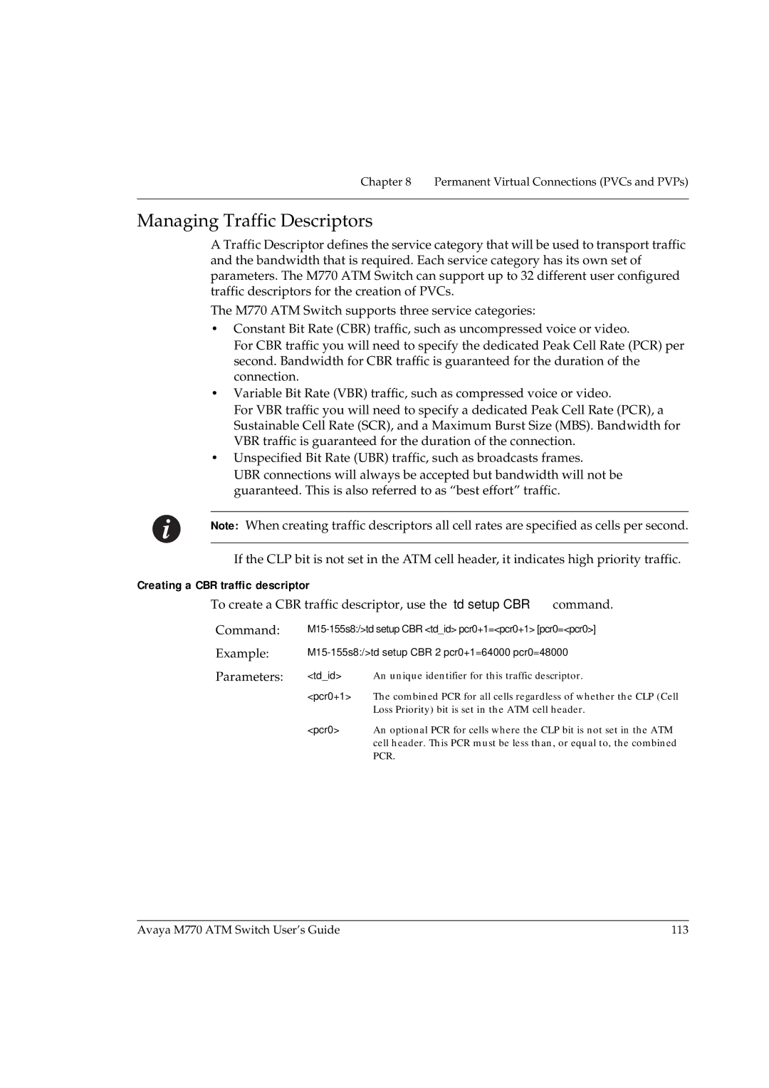 Avaya M770 manual Managing Traffic Descriptors, Creating a CBR traffic descriptor 