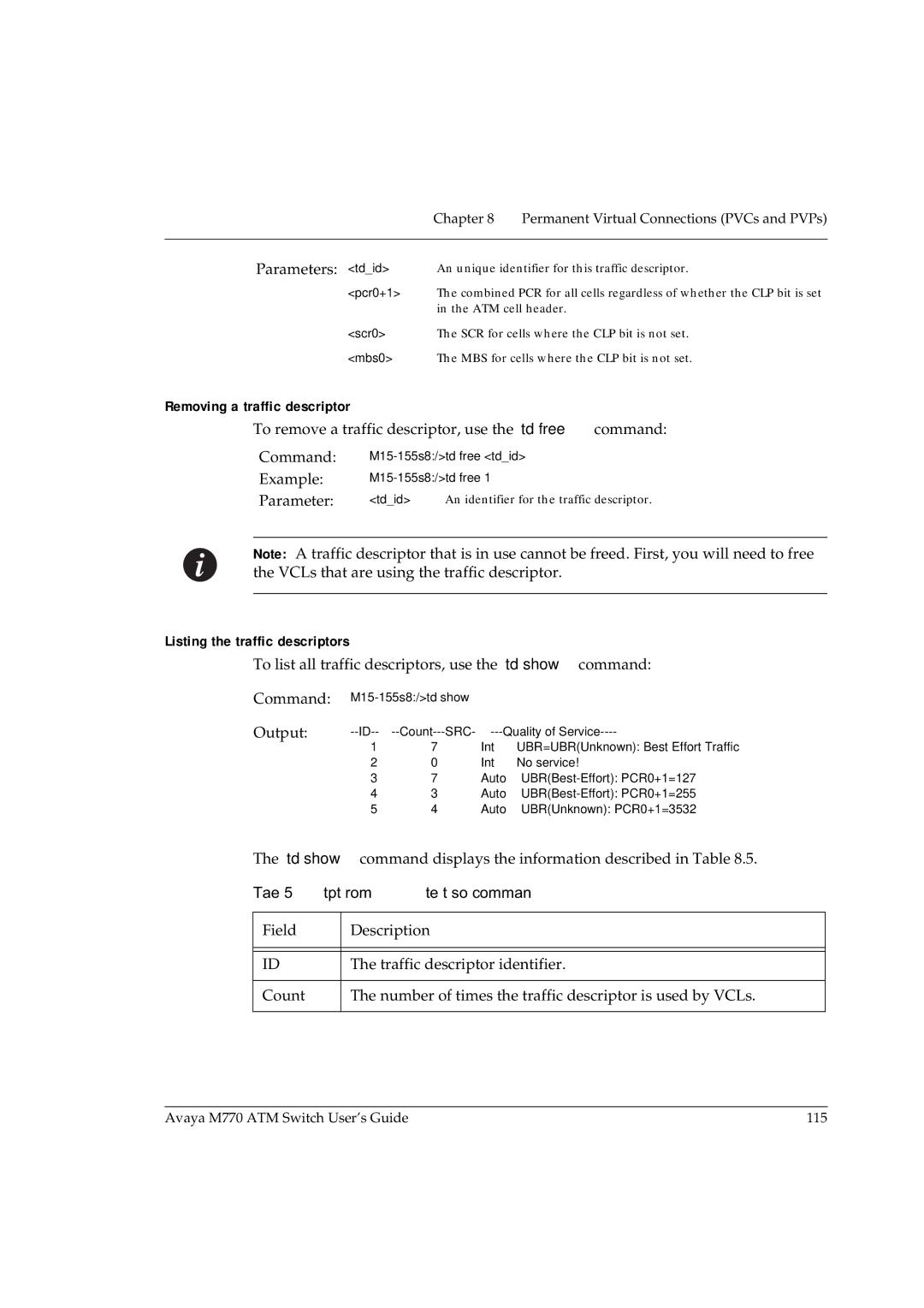 Avaya M770 manual Parameters tdid, Removing a traffic descriptor, Listing the traffic descriptors 