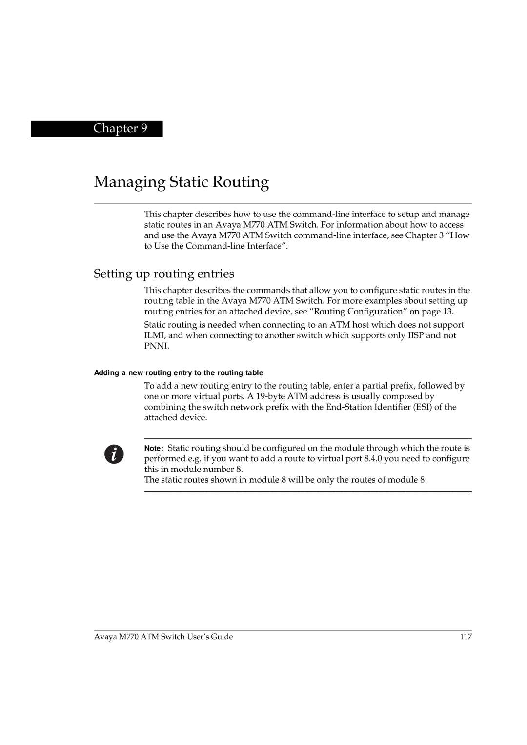 Avaya M770 manual Managing Static Routing, Setting up routing entries, Adding a new routing entry to the routing table 