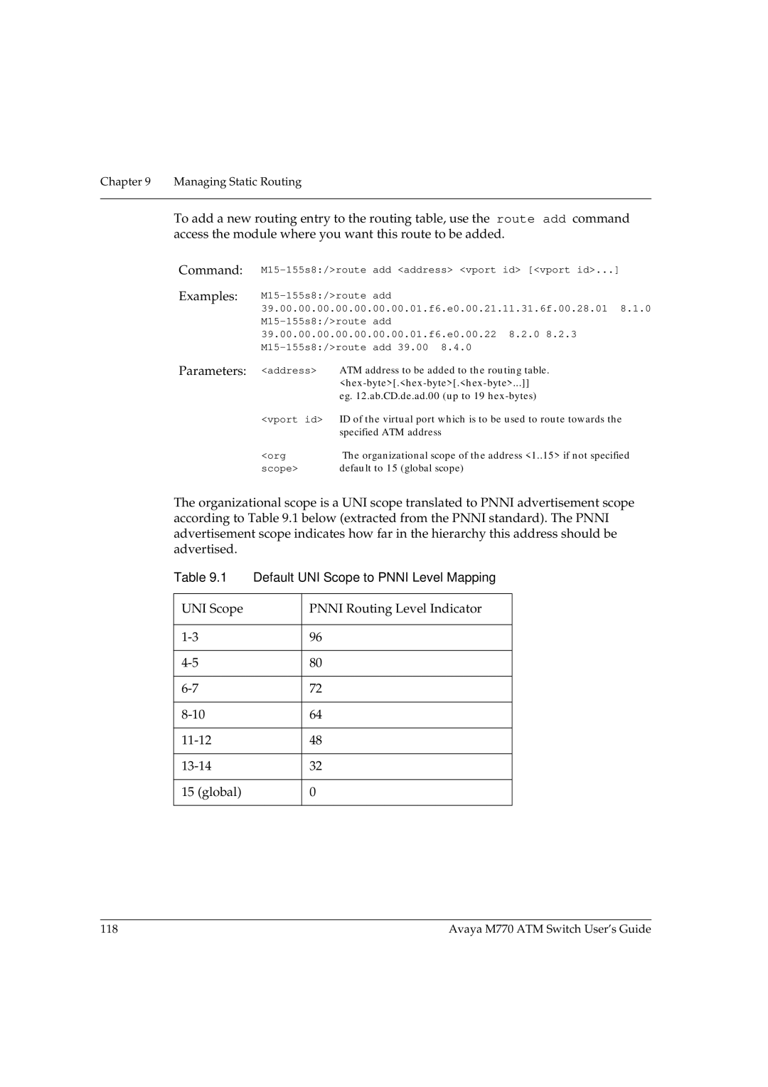 Avaya M770 manual Parameters address, UNI Scope Pnni Routing Level Indicator 11-12 13-14 Global 