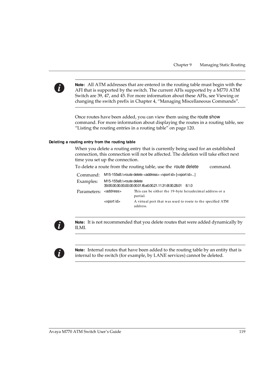 Avaya M770 manual Deleting a routing entry from the routing table 