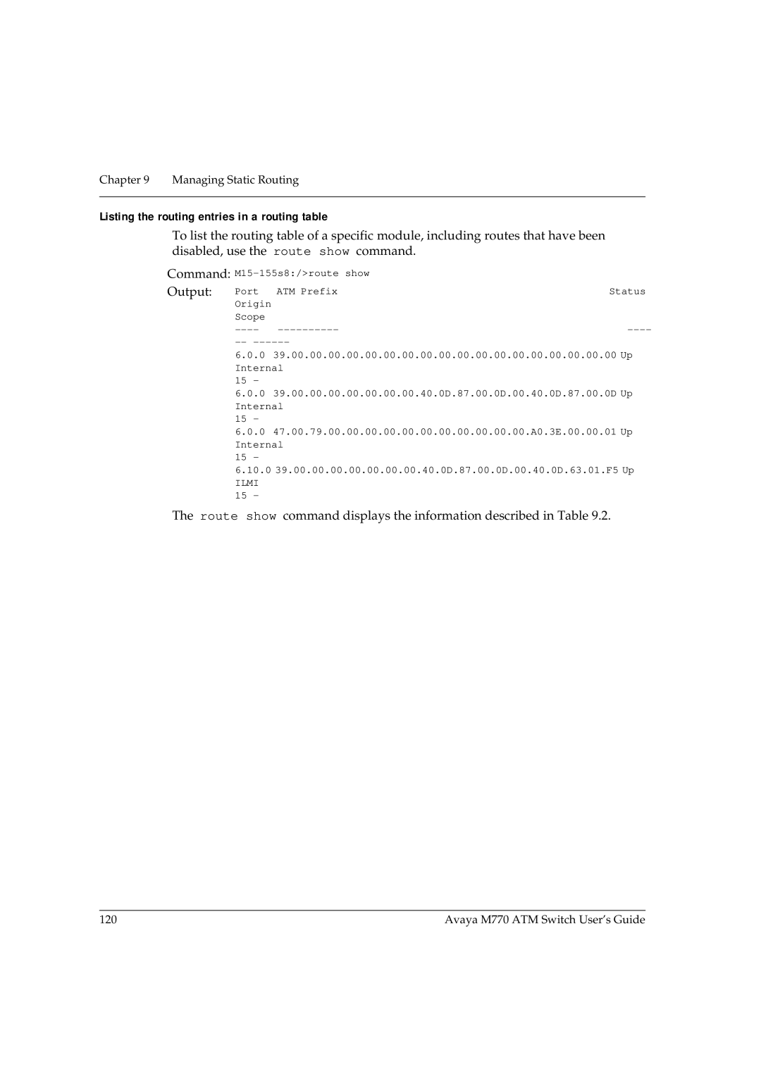 Avaya M770 manual Listing the routing entries in a routing table, Port ATM Prefix Status Origin Scope 