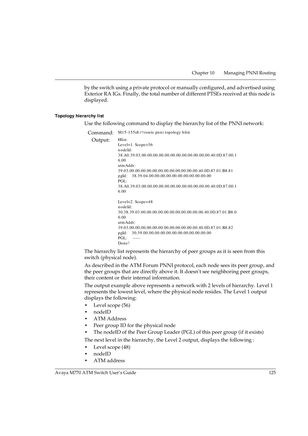 Avaya M770 manual Topology hierarchy list, Hlist Level=1. Scope=56 NodeId 