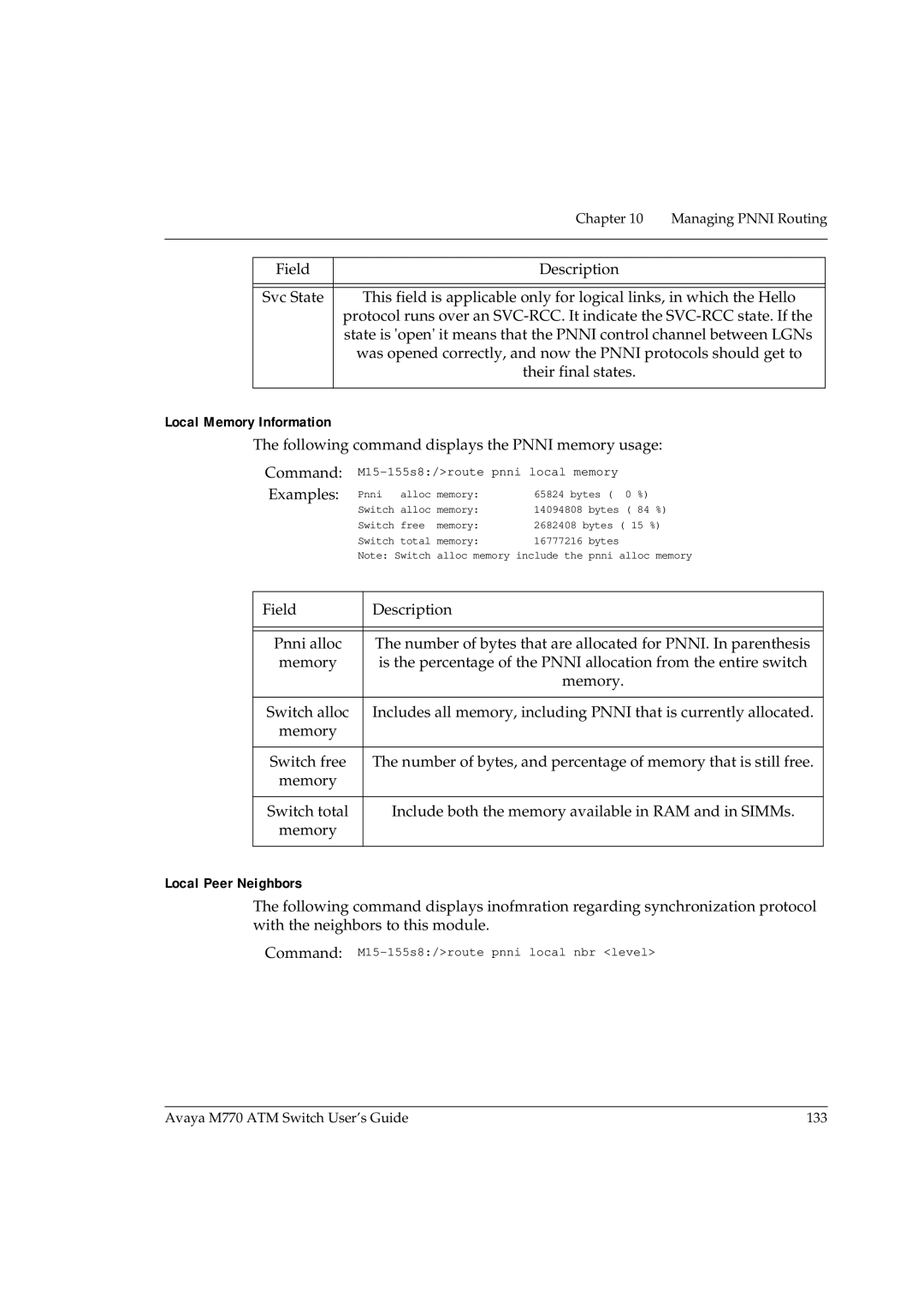 Avaya M770 manual Local Memory Information, Following command displays the Pnni memory usage Command, Local Peer Neighbors 