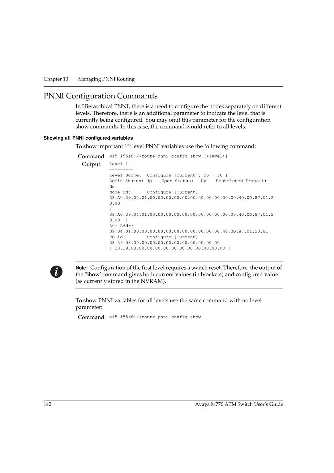 Avaya M770 manual Pnni Configuration Commands, Showing all Pnni configured variables 