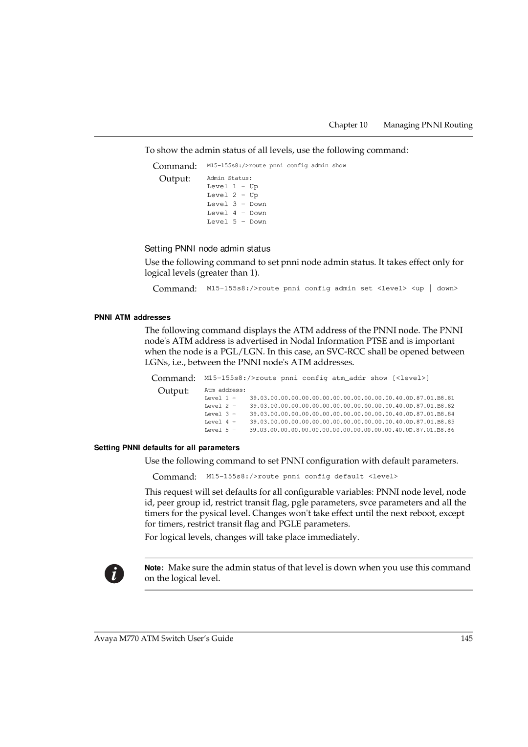 Avaya M770 manual Setting Pnni node admin status, Pnni ATM addresses, Setting Pnni defaults for all parameters 