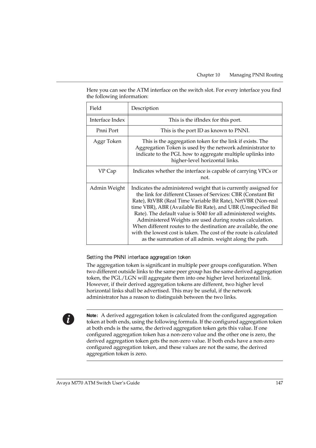 Avaya M770 manual Setting the Pnni interface aggregation token 