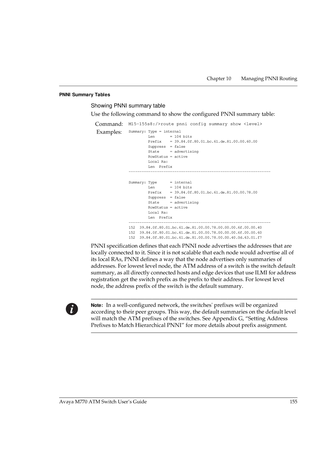 Avaya M770 manual Pnni Summary Tables, Showing Pnni summary table 