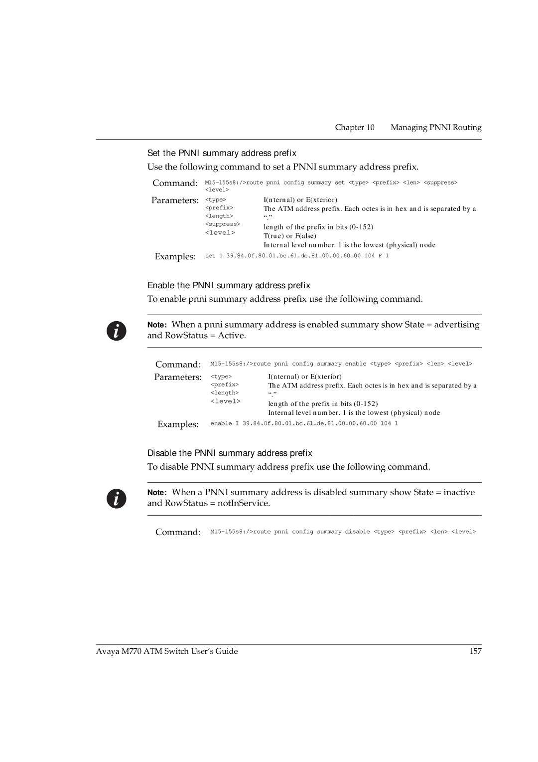 Avaya M770 manual Parameters, Disable the Pnni summary address prefix 