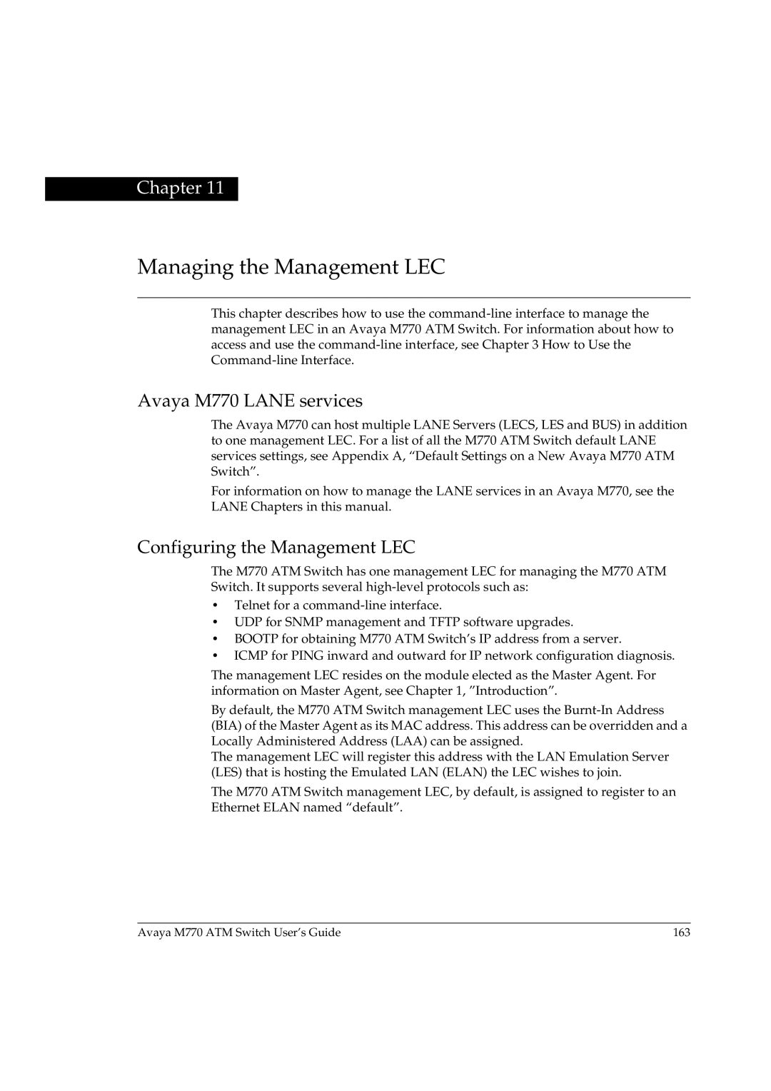 Avaya manual Avaya M770 Lane services, Configuring the Management LEC 