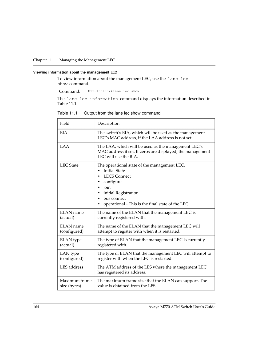 Avaya M770 manual Viewing information about the management LEC 