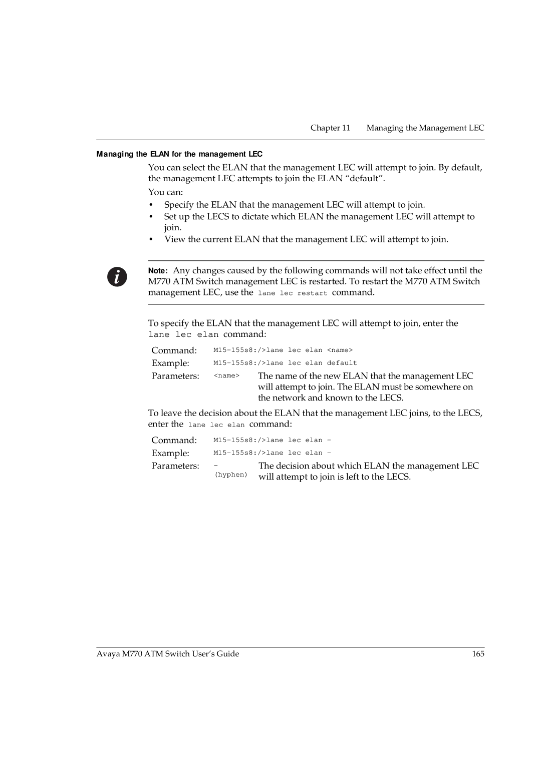 Avaya M770 manual Managing the Elan for the management LEC 