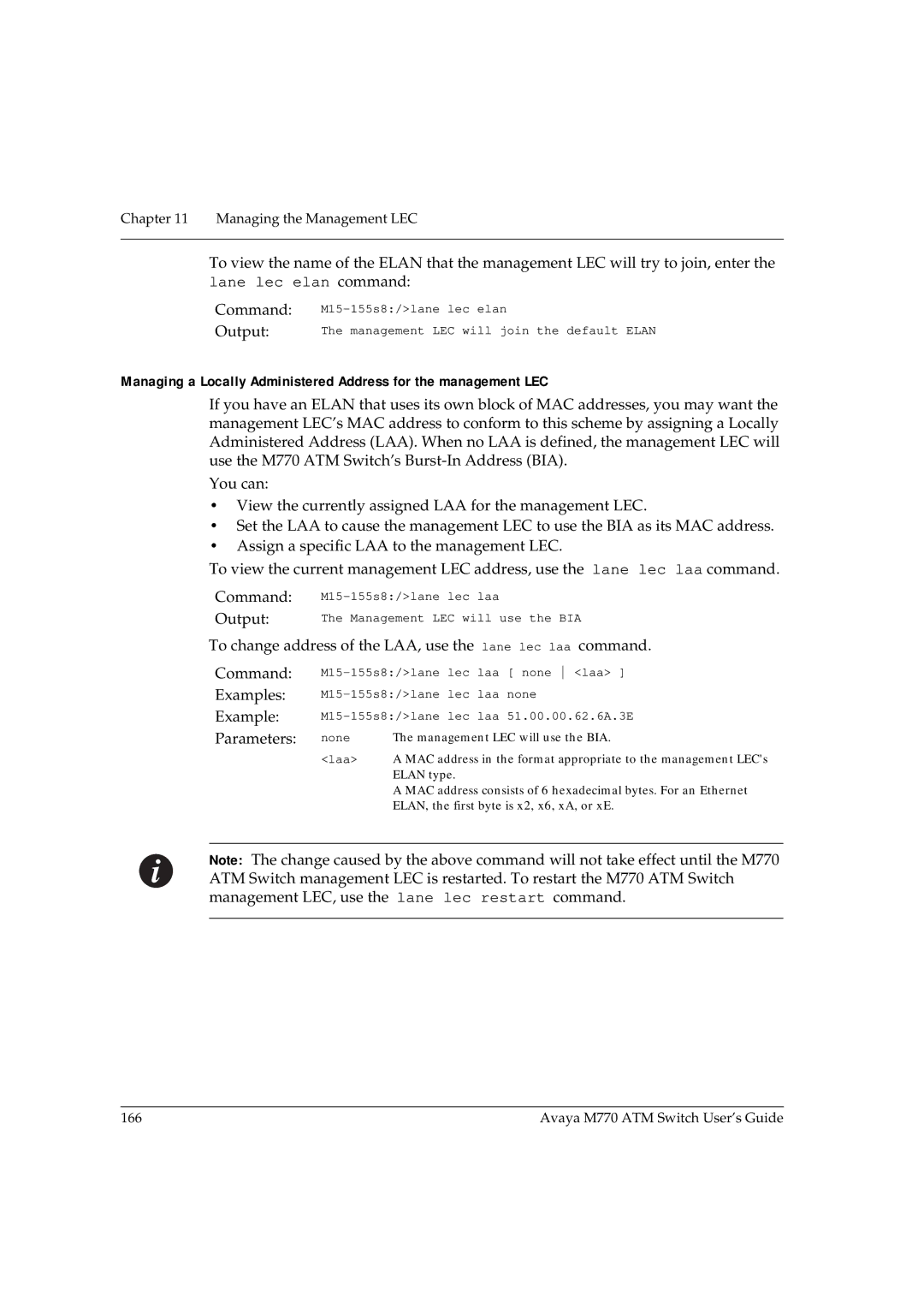 Avaya M770 manual Output, To change address of the LAA, use the lane lec laa command 