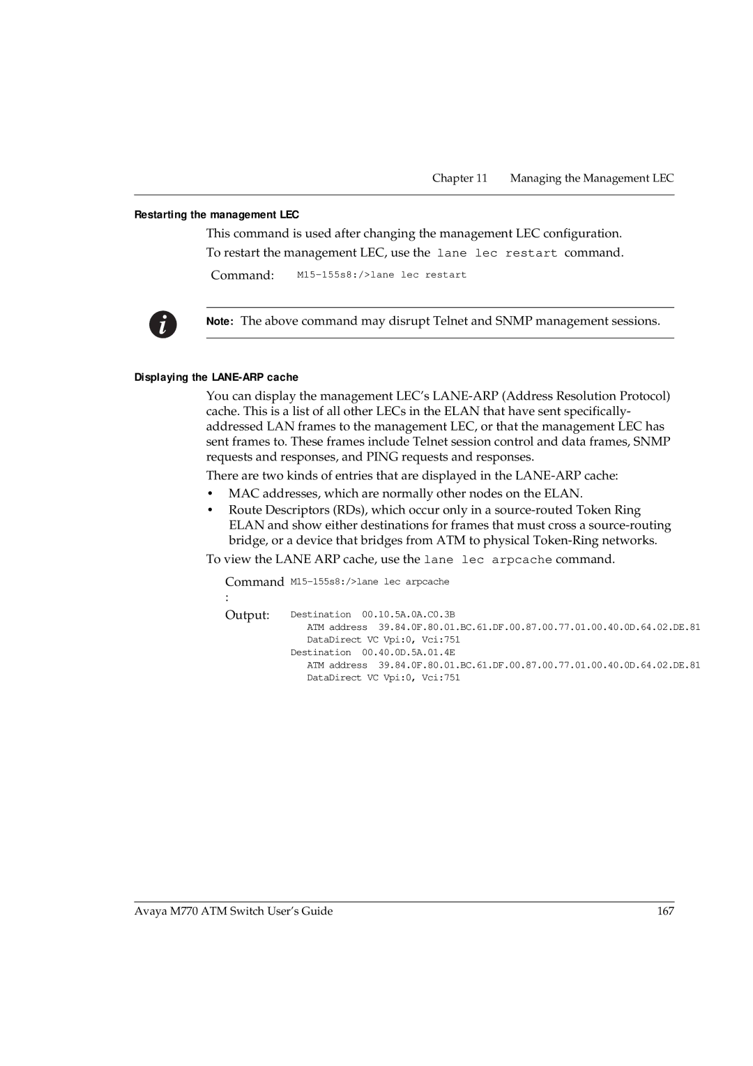 Avaya M770 manual Restarting the management LEC, Displaying the LANE-ARP cache 