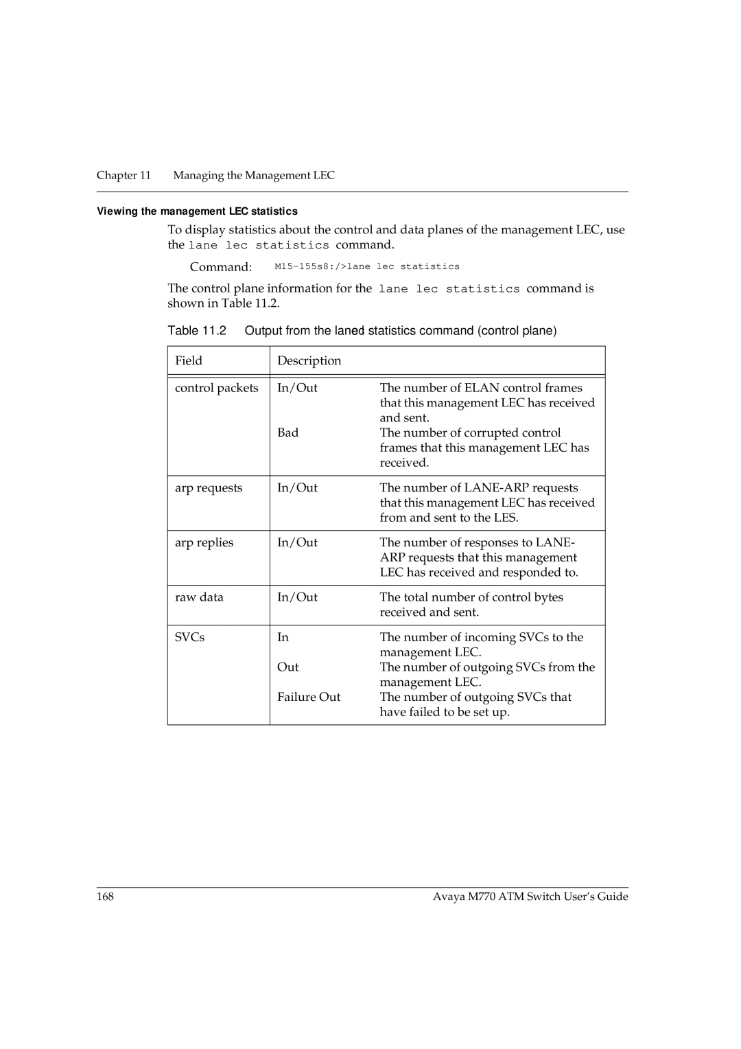 Avaya M770 manual Viewing the management LEC statistics, Output from the lane lec statistics command control plane 