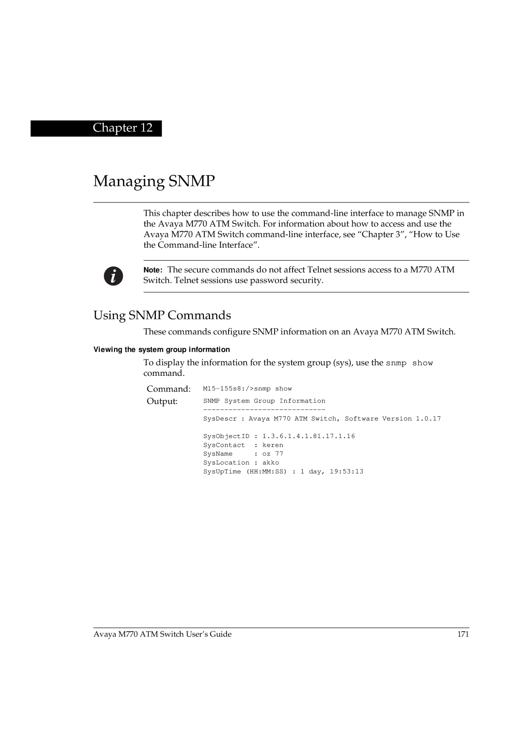 Avaya M770 manual Managing Snmp, Using Snmp Commands, Viewing the system group information 