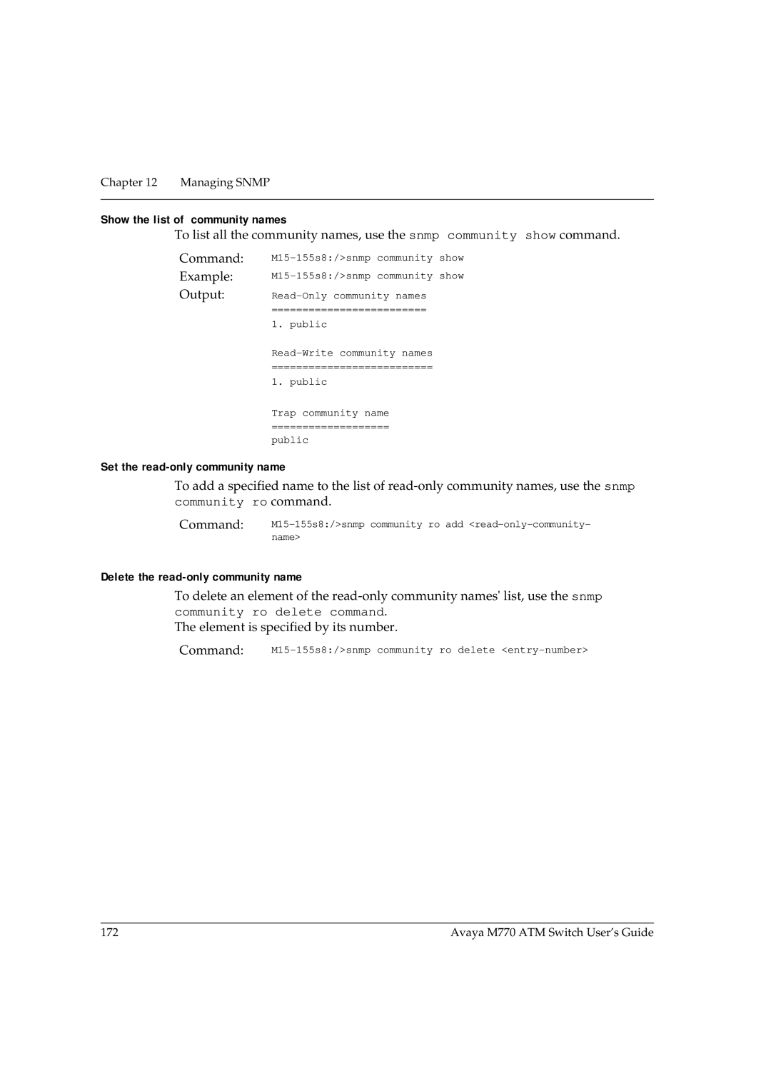 Avaya M770 manual Show the list of community names, Set the read-only community name, Delete the read-only community name 