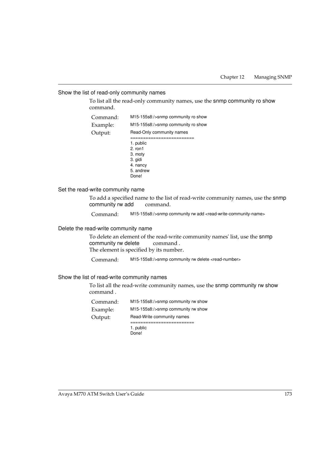 Avaya M770 manual Show the list of read-only community names, Set the read-write community name 