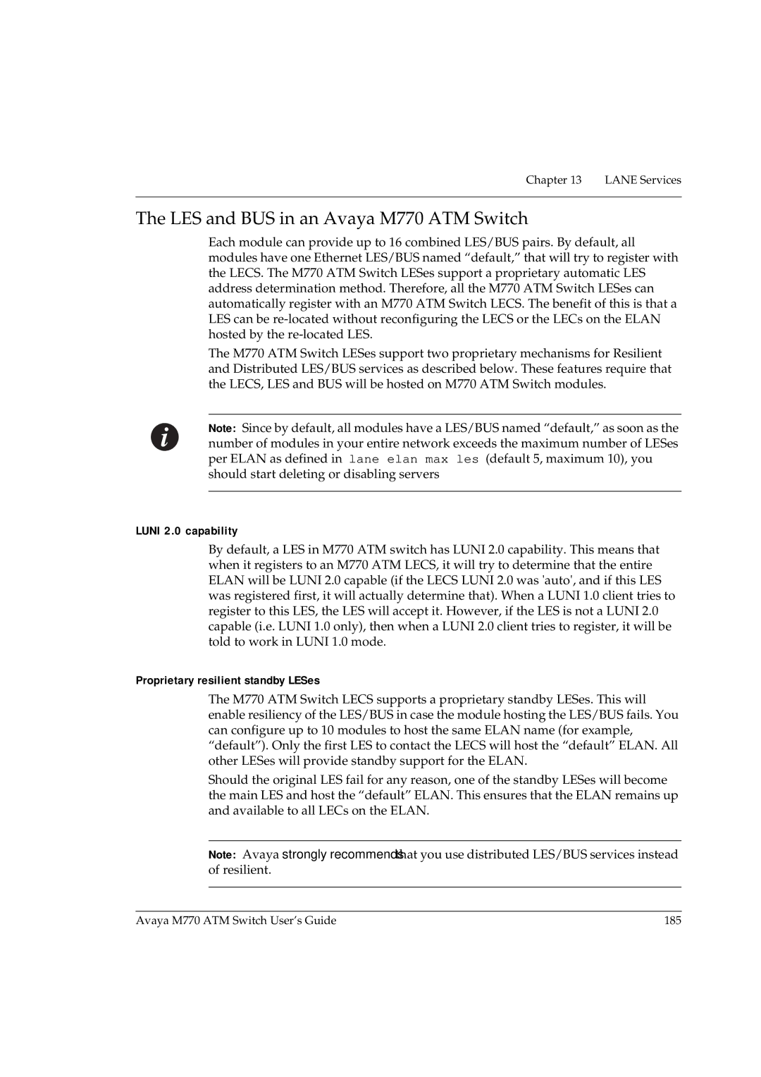 Avaya manual LES and BUS in an Avaya M770 ATM Switch, Luni 2.0 capability, Proprietary resilient standby LESes 