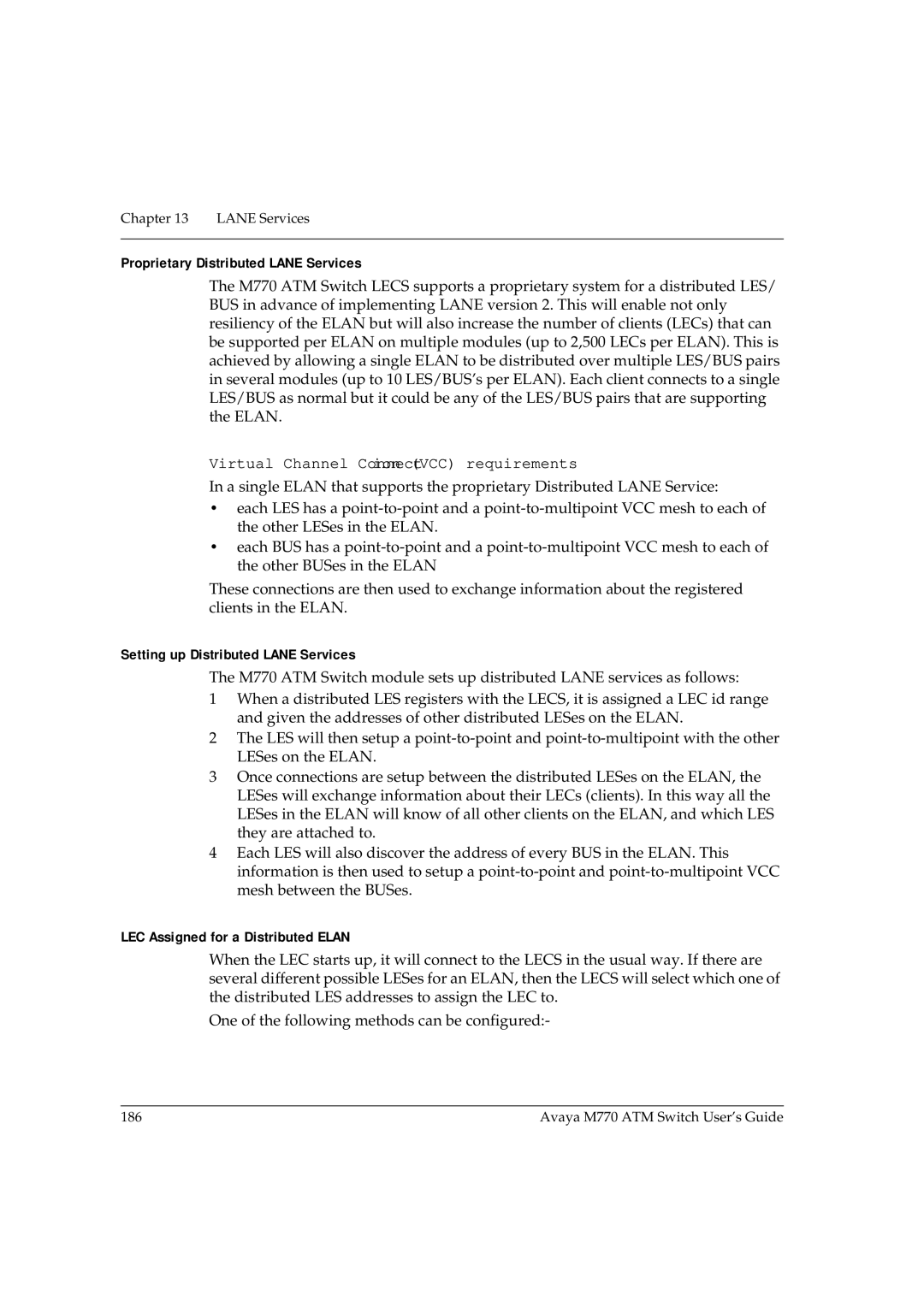 Avaya M770 manual Proprietary Distributed Lane Services, Virtual Channel Connection VCC requirements 