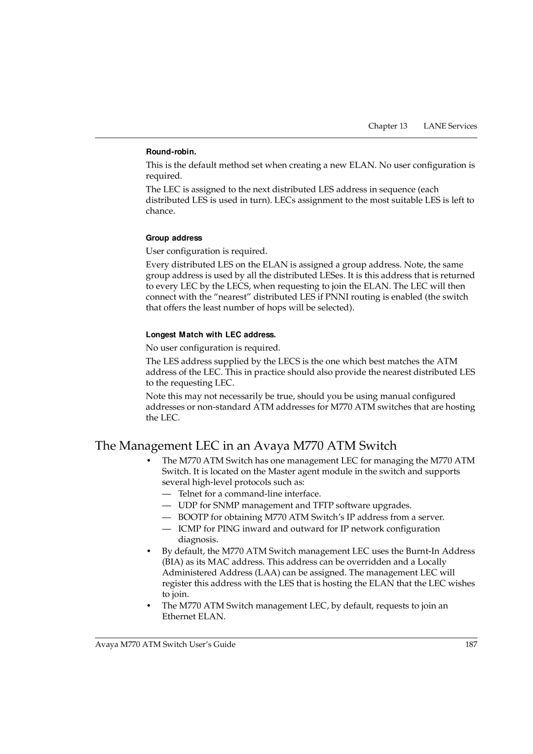 Avaya manual Management LEC in an Avaya M770 ATM Switch, Round-robin, Group address, Longest Match with LEC address 