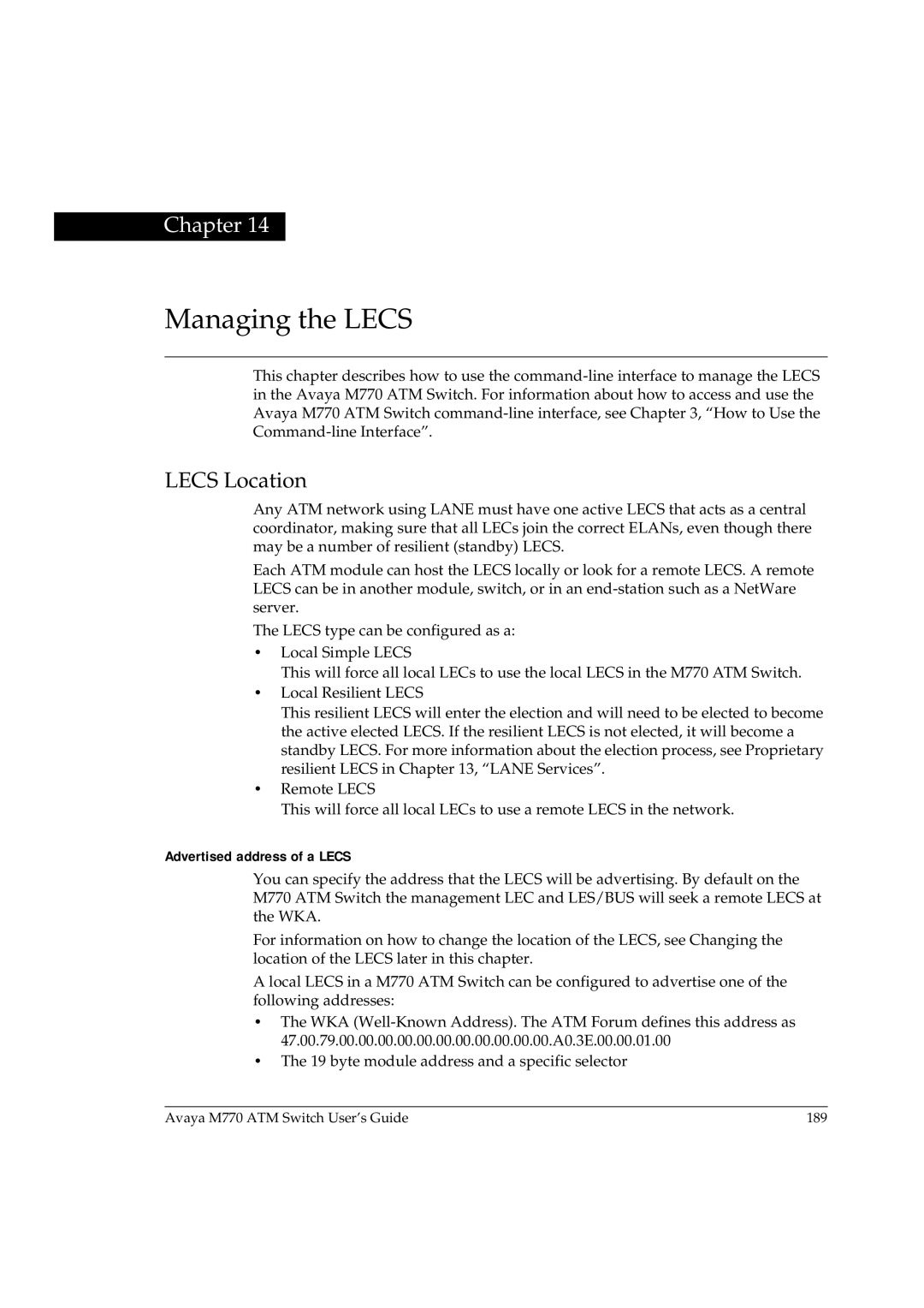 Avaya M770 manual Managing the Lecs, Lecs Location, Advertised address of a Lecs 