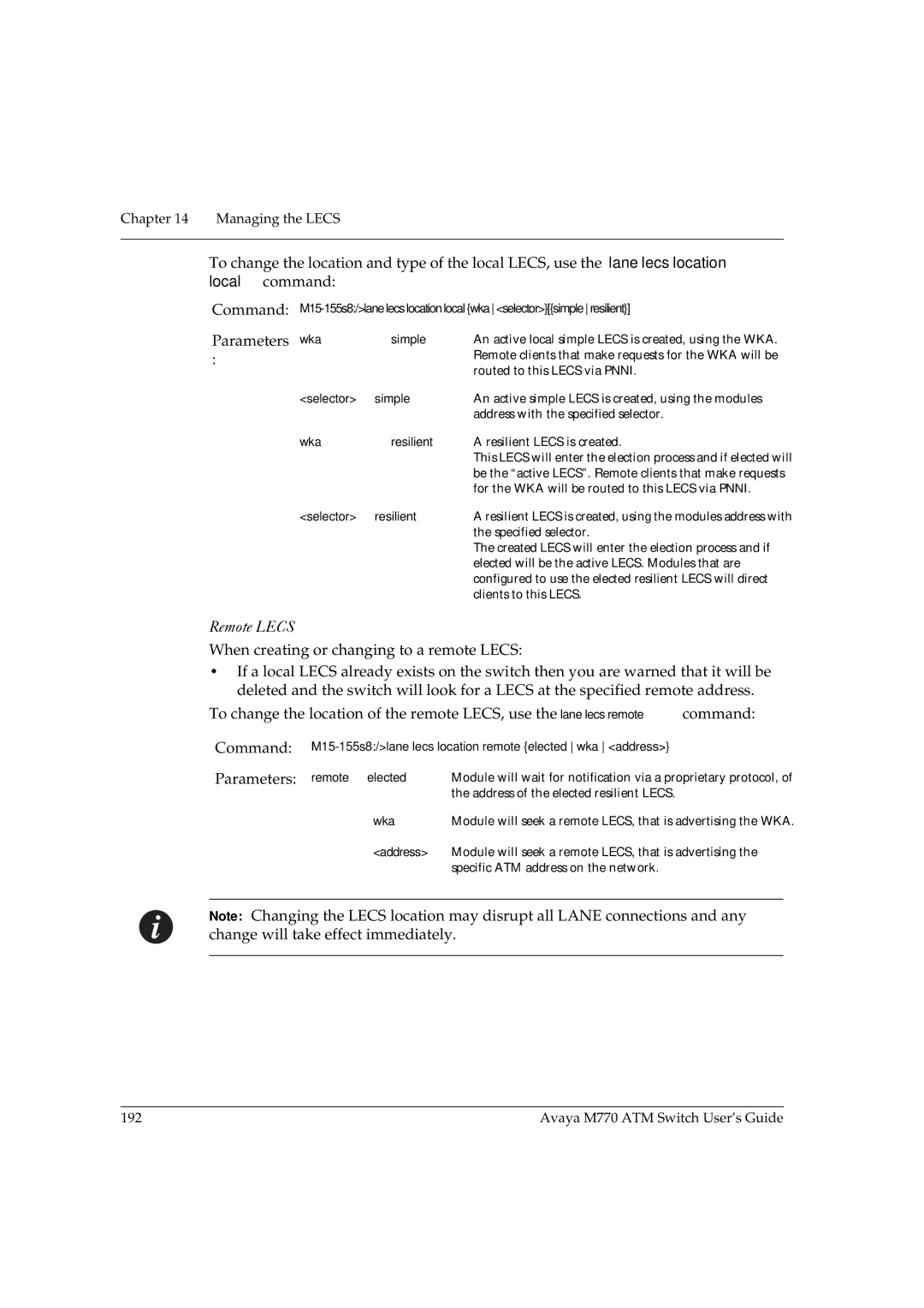 Avaya M770 manual Parameters wka, Remote Lecs 