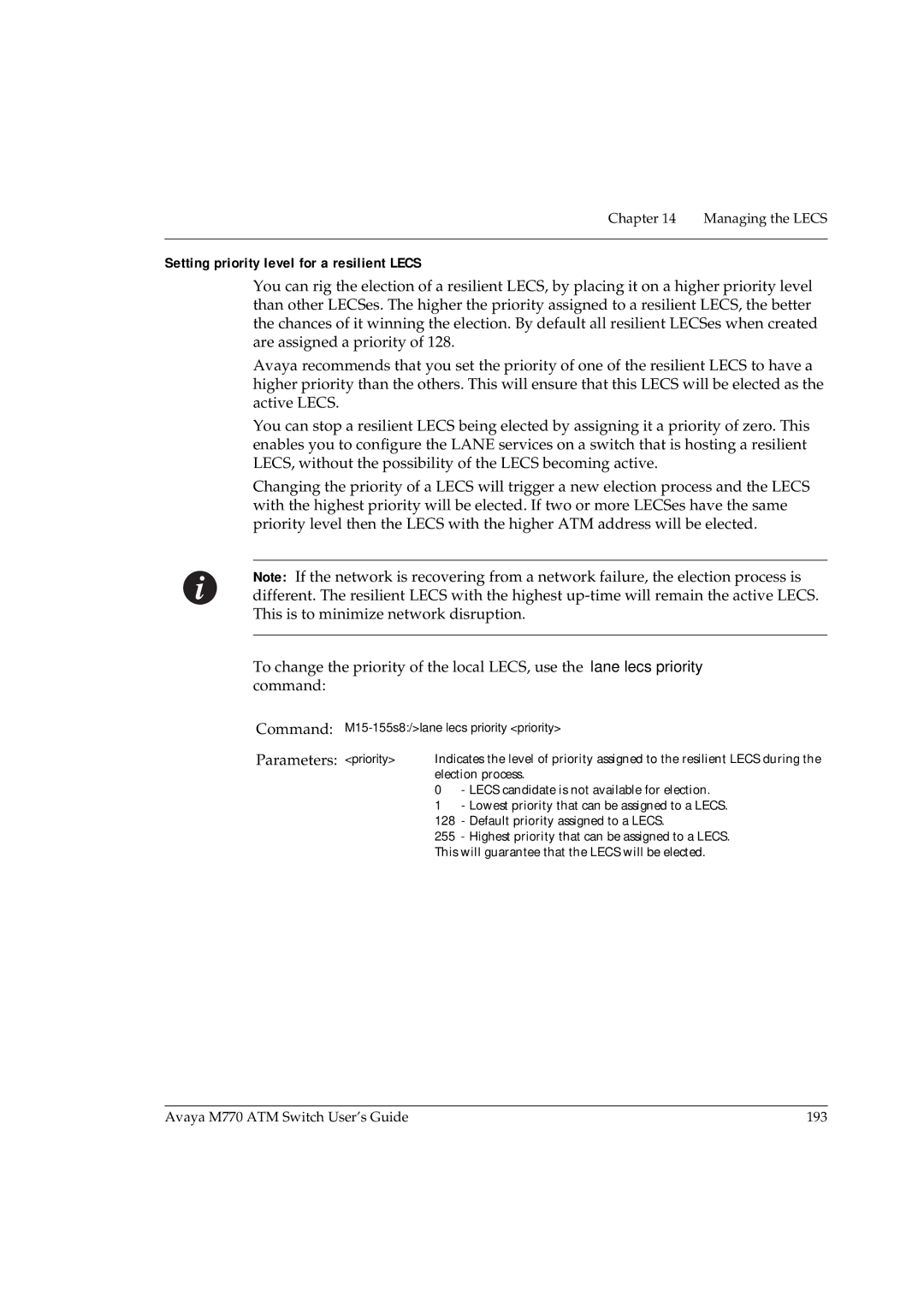 Avaya M770 manual Setting priority level for a resilient Lecs 