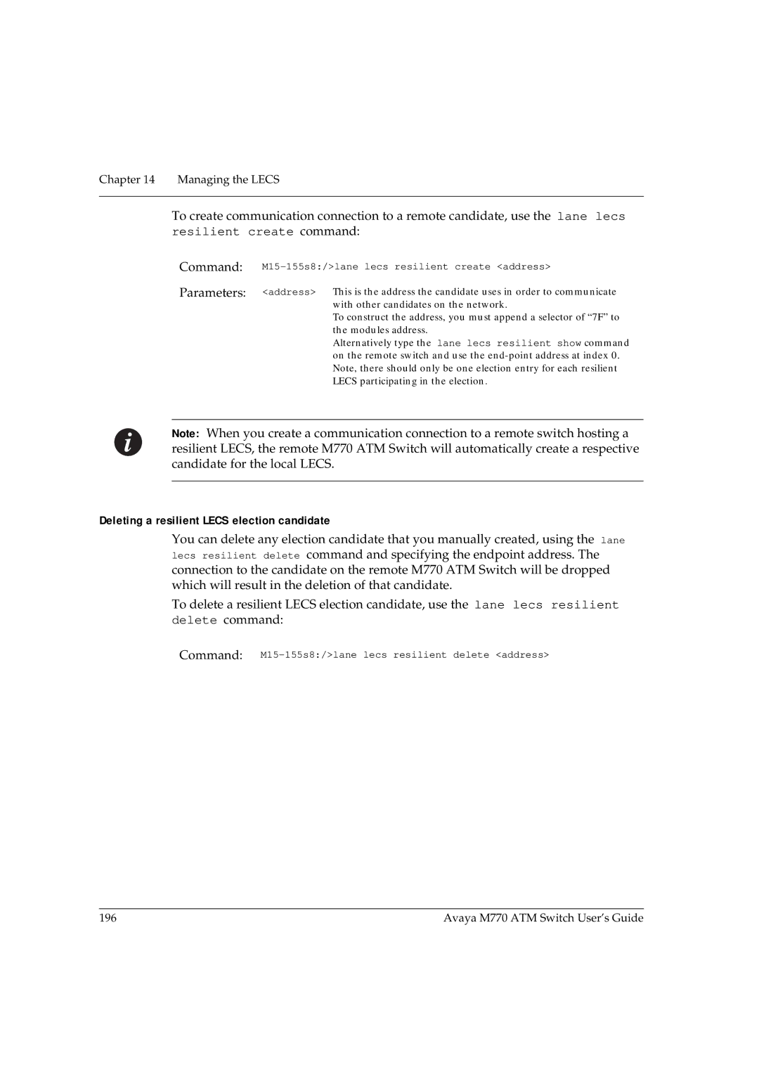 Avaya M770 manual Deleting a resilient Lecs election candidate 