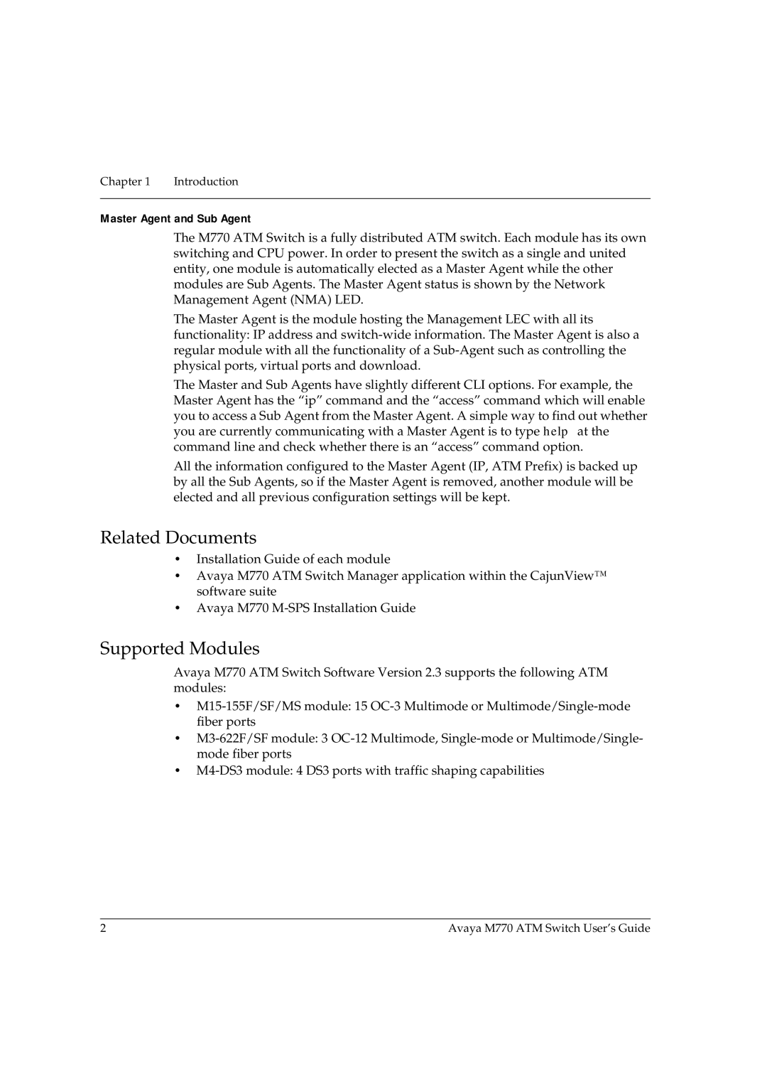 Avaya M770 manual Related Documents, Supported Modules, Master Agent and Sub Agent 