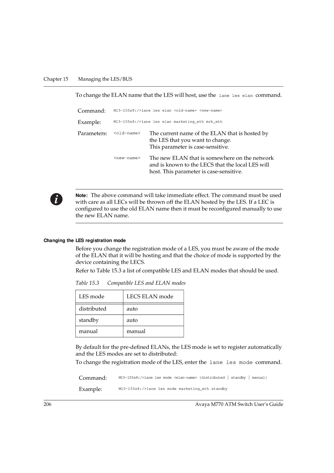 Avaya M770 manual Changing the LES registration mode, Compatible LES and Elan modes 