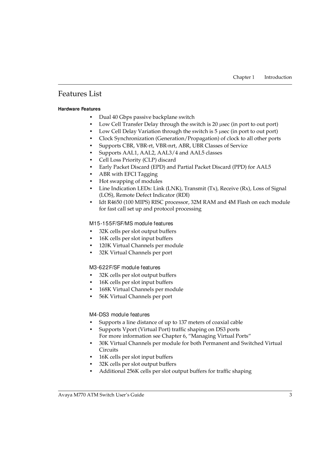 Avaya M770 manual Features List, Hardware Features, M15-155F/SF/MS module features, M3-622F/SF module features 