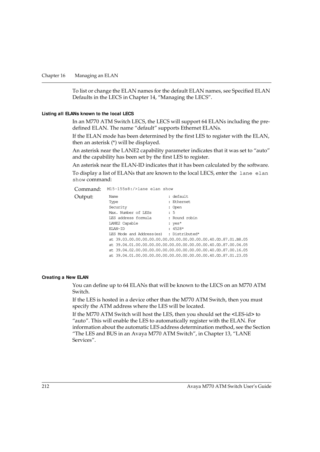 Avaya M770 manual Listing all ELANs known to the local Lecs, Creating a New Elan 