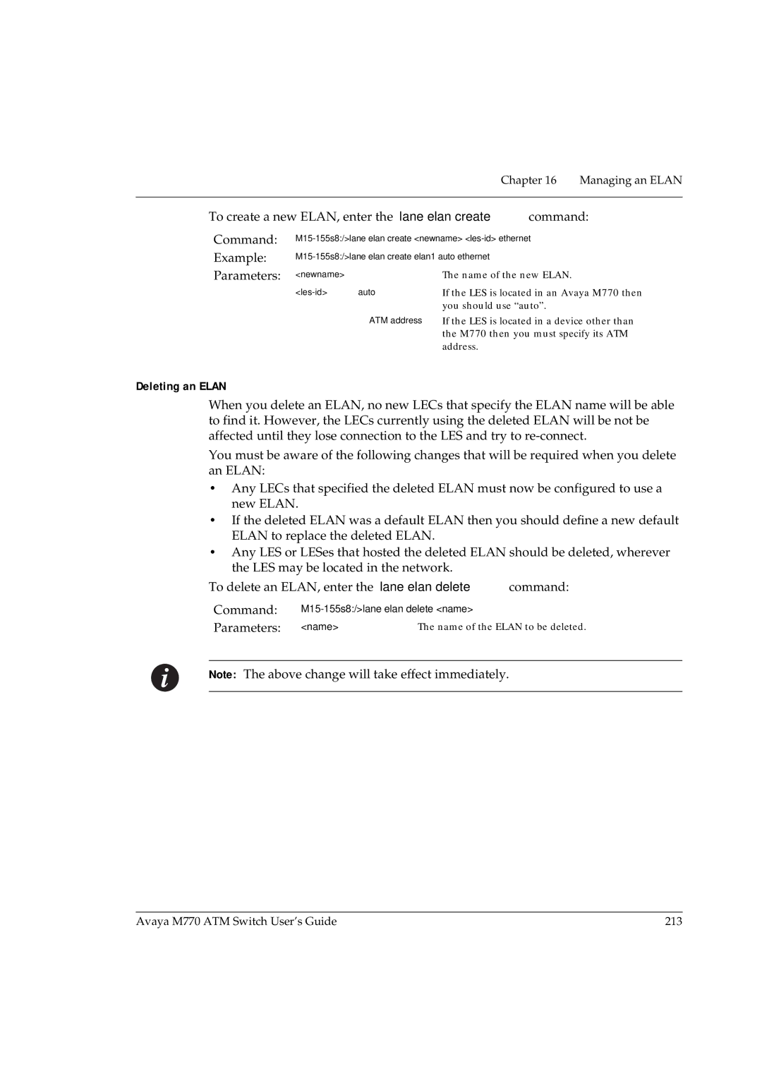 Avaya M770 manual Deleting an Elan, Parameters 