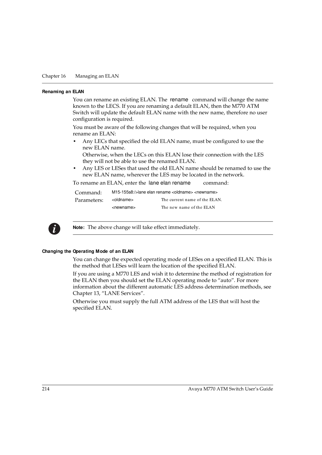 Avaya M770 manual Renaming an Elan, Changing the Operating Mode of an Elan 