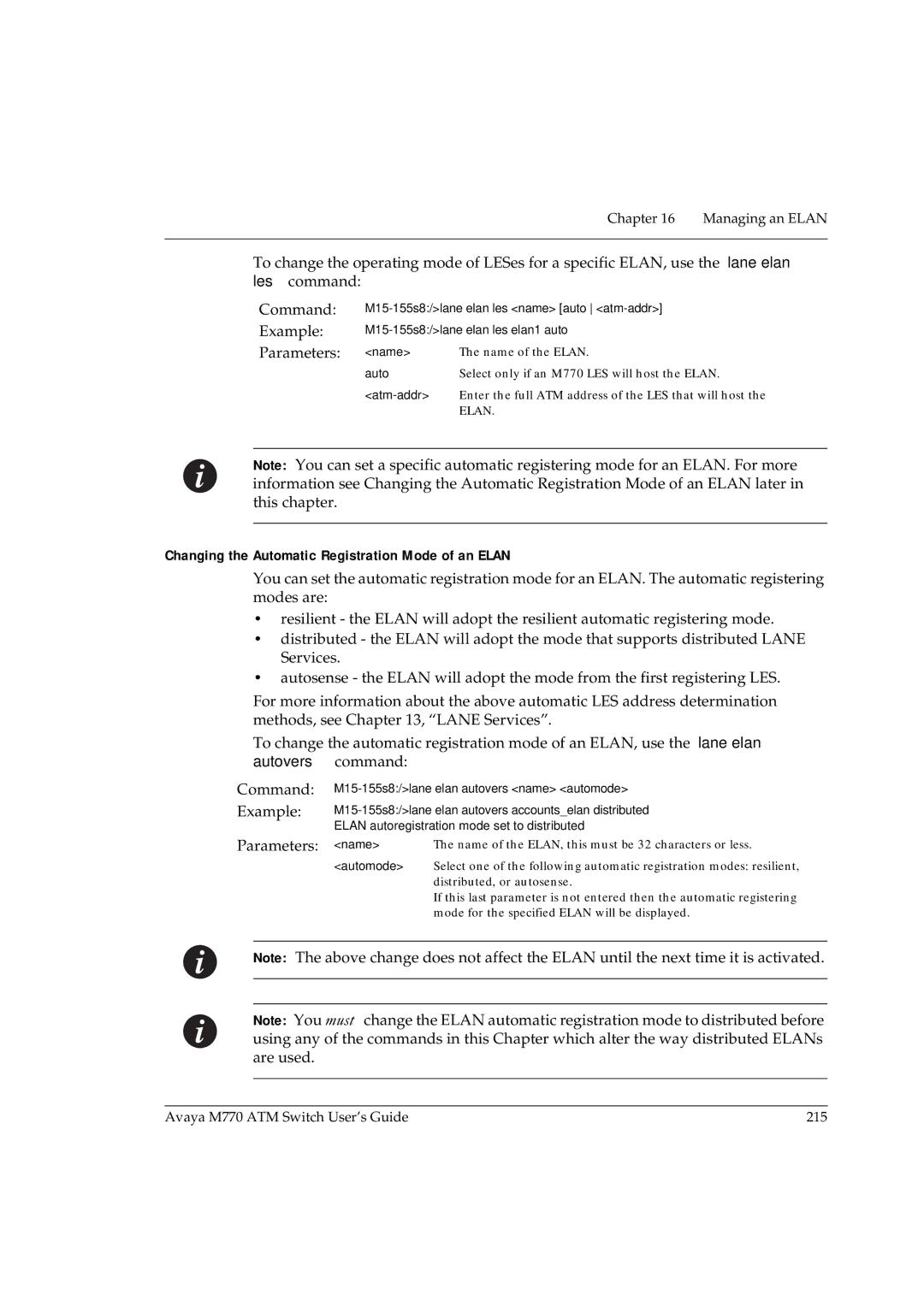 Avaya M770 manual Changing the Automatic Registration Mode of an Elan, Parameters name 