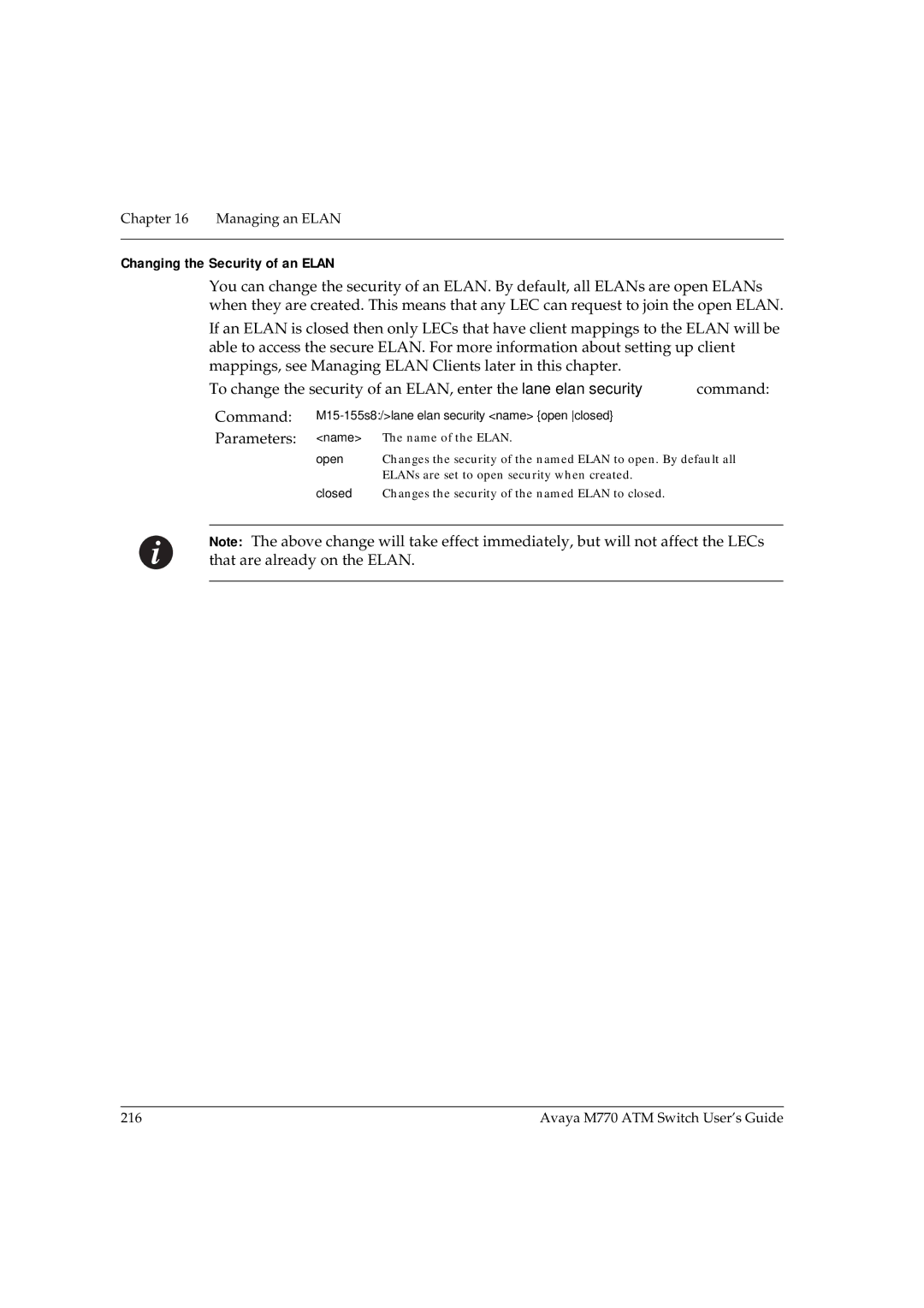 Avaya M770 manual Changing the Security of an Elan 