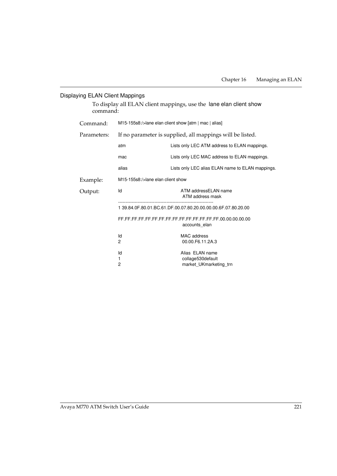 Avaya M770 manual Displaying Elan Client Mappings, ATM address mask 