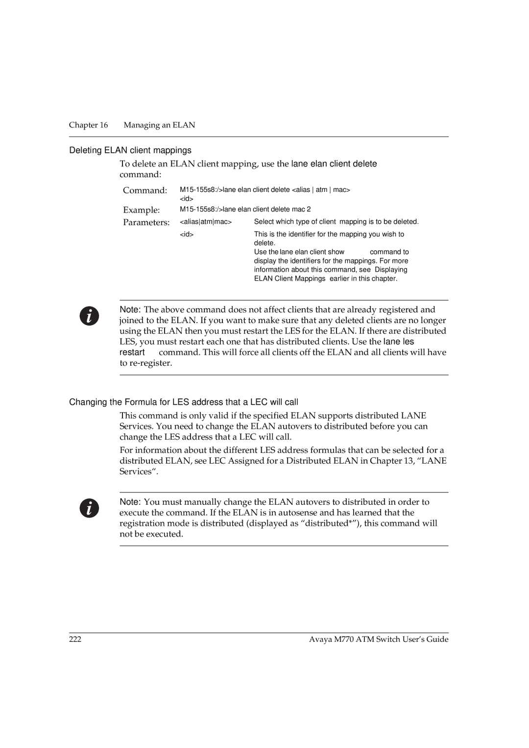 Avaya M770 manual Deleting Elan client mappings, Changing the Formula for LES address that a LEC will call 