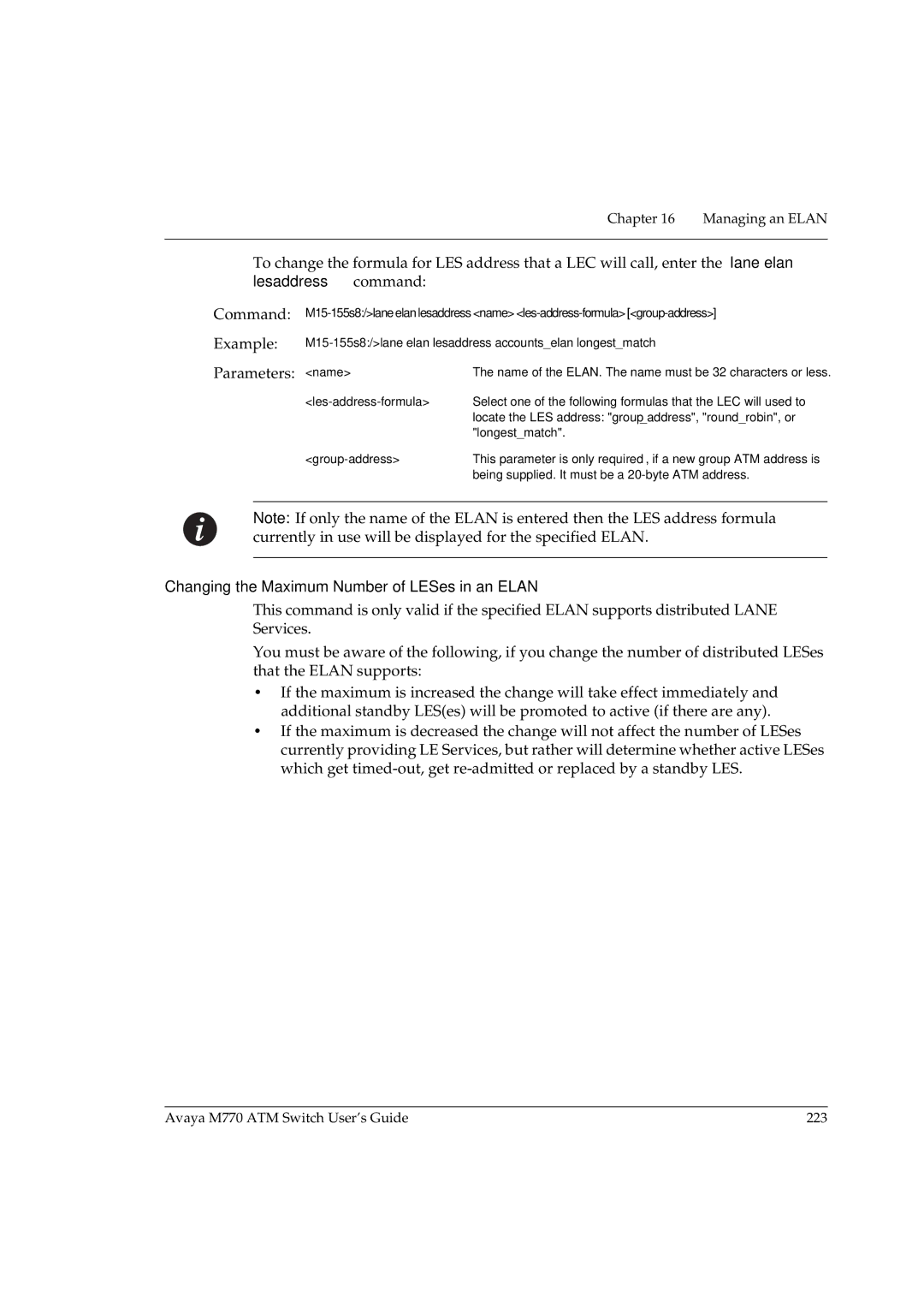 Avaya M770 manual Parameters name, Changing the Maximum Number of LESes in an Elan 