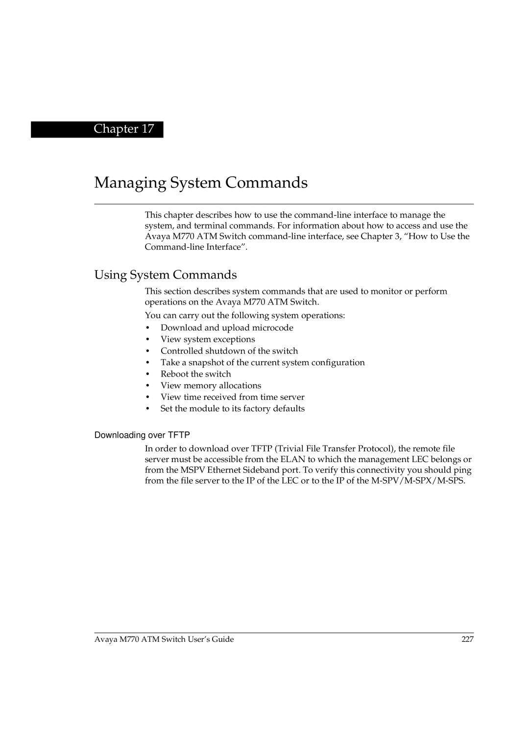 Avaya M770 manual Managing System Commands, Using System Commands, Downloading over Tftp 