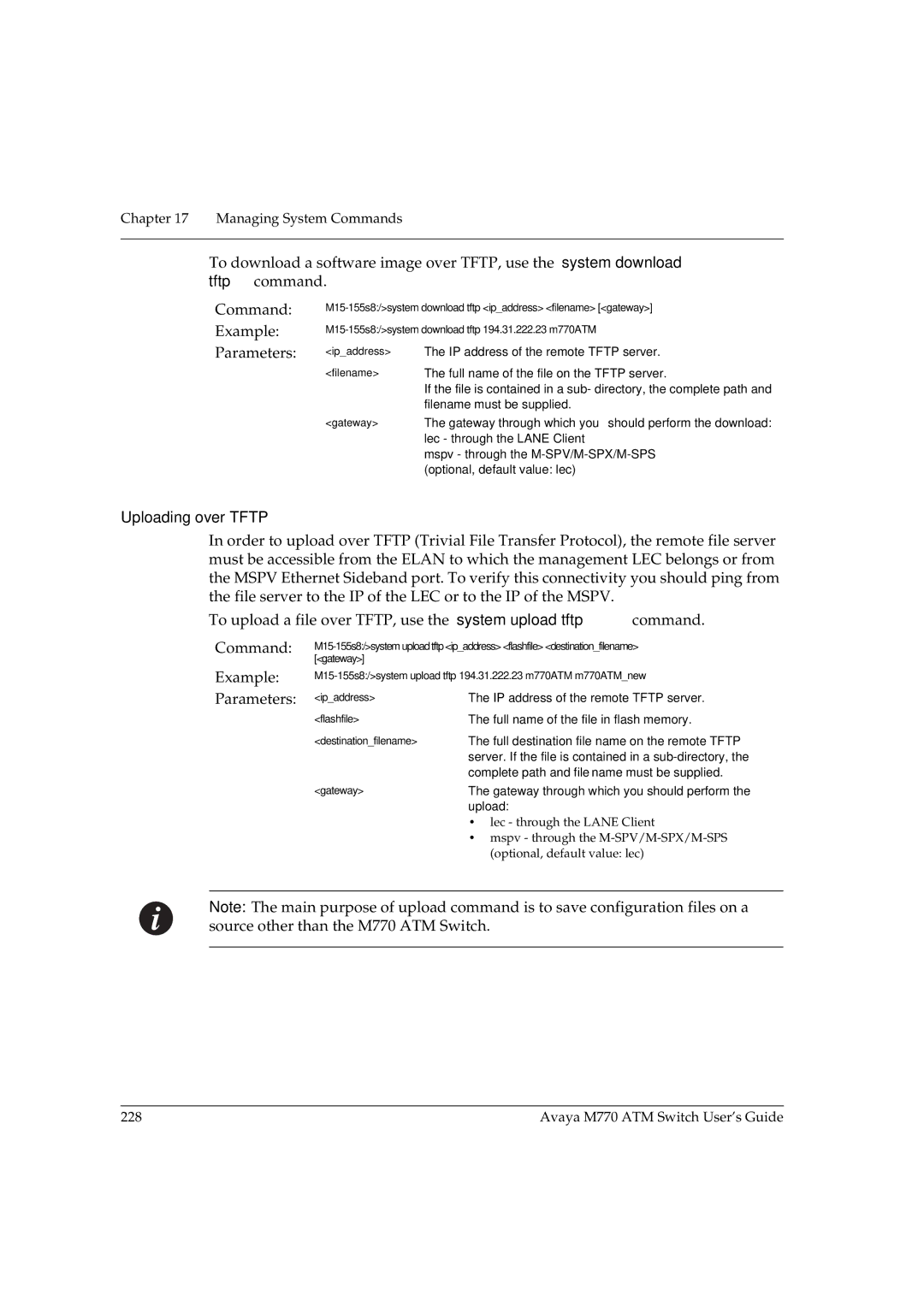 Avaya M770 manual Uploading over Tftp, Example Parameters 