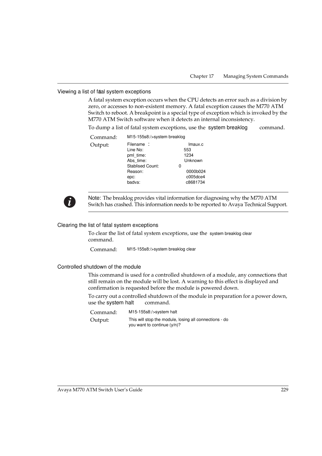 Avaya M770 manual Viewing a list of fatal system exceptions, Clearing the list of fatal system exceptions 